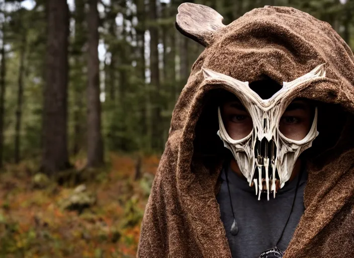 Prompt: character and environment photography, portrait 2 0 - year - old male druid wearing a deer skull mask, biomechanical tattered hood and robe, infested bear standing, medium shot, wide angle, 2 0 0 px, low key