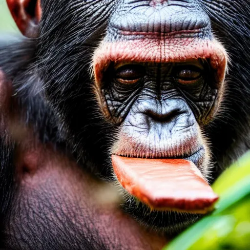 Image similar to a high detail closeup shot of a chimp wearing a suit, smoking a cigar