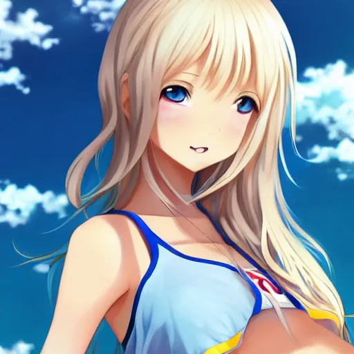 Prompt: a very beautiful young anime basketball girl greeting the camera, full body, long wavy blond hair, sky blue eyes, full round face, short smile, bikini, miniskirt, highly detailed, cinematic wallpaper by stanley artgerm lau
