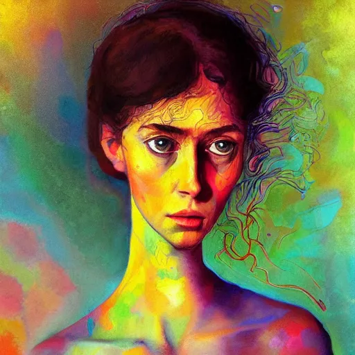 Prompt: portrait of a beautiful stunning 2 1 year old woman cute face big eyes thin lips long neck in the style of disco elysium, expressionism, artstation, trending, by, rembrandt, alex kanevsky, wassily kandinsky, dave mckean, yoshitaka amano