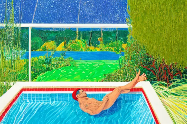 Prompt: justin trudeau sunbathing in a swimming pool in a house in california, summer blue sky, shimmering water, lush trees and bushes garden lawn, by david hockney, peter doig, lucien freud, francis bacon, pop realism, oil on canvas