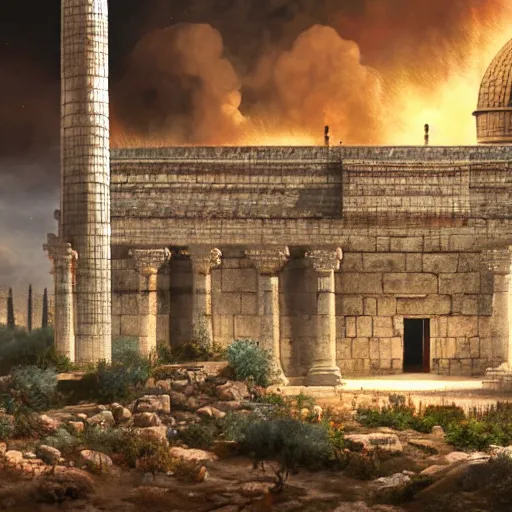 Image similar to a beautiful detailed and realistic matte painting of the ancient Temple of Jerusalem aflame