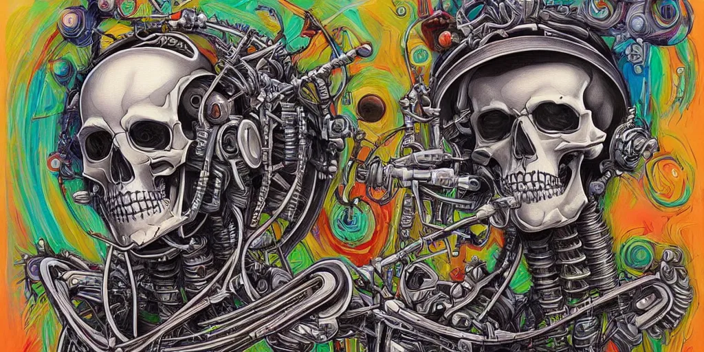 Image similar to a beautiful painting of robot by aaron horkey, trending on artstation, skeleton, colorful, westworld