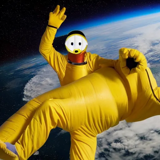 Prompt: man floating in space wearing a banana costume