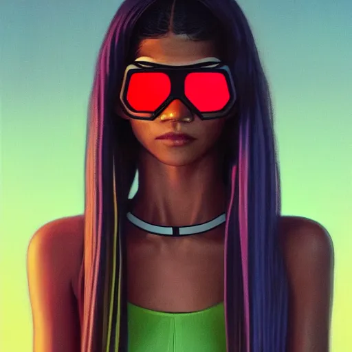 Image similar to zendaya wearing opaque reflective goggles profile picture by Greg Rutkowski, brown skin, very long hair, dune, asymmetrical, futuristic, neon volumetric lights, cool colors, streetwear, studio ghibli, Organic Painting , Matte Painting, geometric shapes, hard edges, street art, trending on the artstation, fantasy LUT, realistic by Sachin Teng + Martin Grip + Moebius, techwear, Industrial Scifi, detailed illustration, character portrait, dramatic, graphic,