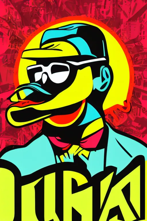 Prompt: happy duck, 7 6 retro futurist illustration art by butcher billy, sticker, colorful, illustration, highly detailed, simple, smooth and clean vector curves, no jagged lines, vector art, smooth andy warhol style