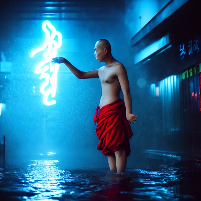 Image similar to cyber monk water dance supreme water fist, detailed animal form water, fighting stance energy, shibuya prefecture, cinematic neon uplighting, fog mist smoke, photorealistic, night photography by tomino - sama