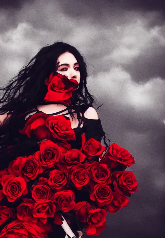 Prompt: a beautiful fierce black haired woman wearing red and black rose patterned dress wielding black blade posing heroically, heavenly moonlit clouds background, close up shot