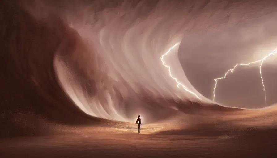 Image similar to a glowing magical portal inside a big wave made of sand fantasy desert, portal, a man watching over, lightning, sandstorm, by caspar david friedrich by james gilleard and justin gerard, artstation, smooth, sharp focus, by jean baptiste, octane render