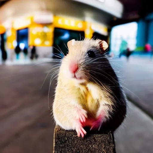 Image similar to photo of a hamster, outside a cinema, various poses, unedited, soft light, sharp focus, 8 k