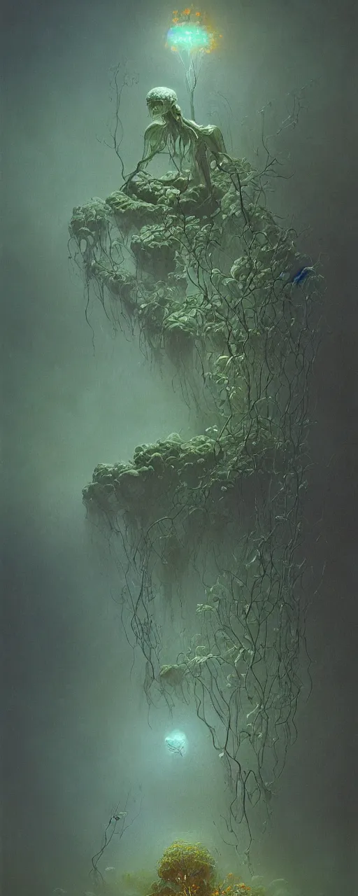 Prompt: a golemn gardening a bioluminescent dying flower, zdzislaw beksinski, arthur rachham, interior, 8 k, artstation