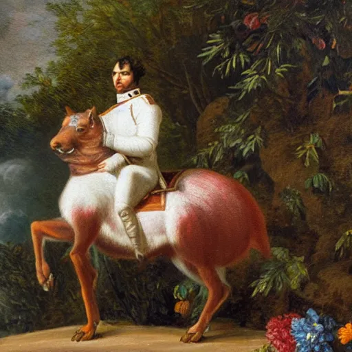 Image similar to a giant squirrel carrying napoleon bonaparte on its back, beach scene with flowers and foliage, detailed oil painting