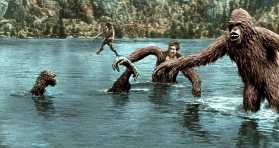 Image similar to scene from the 1 9 5 7 film bigfoot vs the loch ness monster, ray harryhausen, colorized, movie still