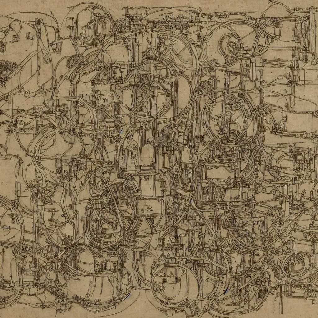 Image similar to davinci schematic of an intricate machine that turns water into wine, 8 k