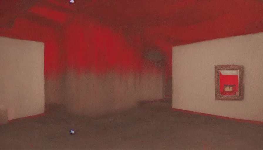 Image similar to jon hale painting of twin peaks red room, ominious, lynchian, visible textures, blurry