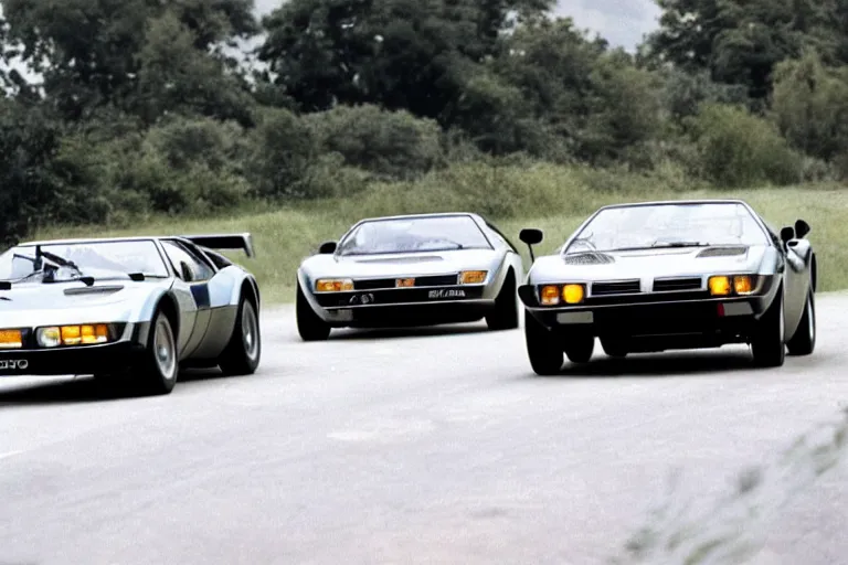 Image similar to 1975 De Tomaso, Lotus Europa!!, BMW M1, Pantera ((Countach)), movie still, speed, cinematic Eastman 5384 film