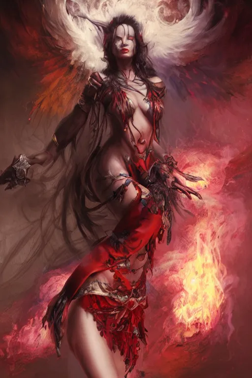 Image similar to beautiful girl necromancer, witch - doctor covered with velvet exploding into organic velvet, angels, 3 d render, hyper realistic detailed portrait, holding fire and ice, ruan jia, wlop. scifi, fantasy, magic the gathering, hyper detailed, octane render, concept art, peter mohrbacher