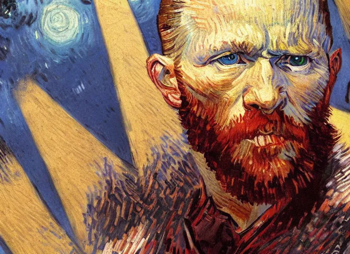 Image similar to a highly detailed beautiful portrait of van gogh as kratos, by gregory manchess, james gurney, james jean