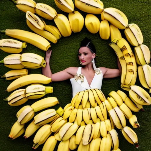 Prompt: a dress made of bananas, fashion photography