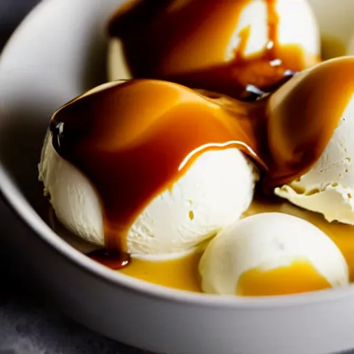 Prompt: closeup of a bowl with three balls of plain vanilla ice cream with caramel sauce. Simplistic. Food photography.