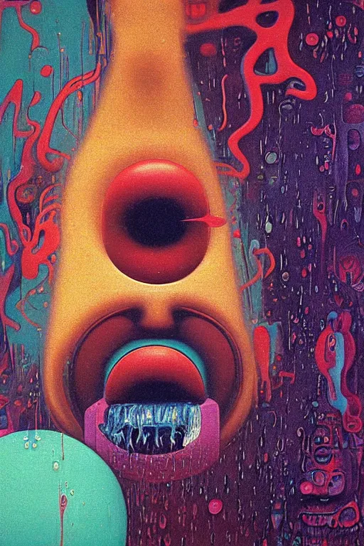 Image similar to 8 0 s art deco close up portait of face with big mouth surrounded by spheres, rain like a dream oil painting curvalinear clothing cinematic dramatic cyberpunk textural fluid lines otherworldly vaporwave interesting details fantasy lut epic composition by basquiat zdzisław beksinski james jean artgerm rutkowski moebius francis bacon gustav klimt