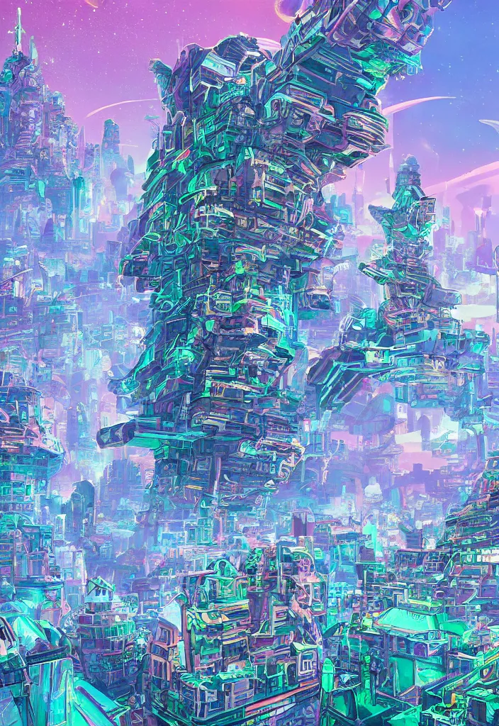 Prompt: concept art image of an intricate detailed dmt skyscraper amidst a futuristic city against a fantastic colorful sky with a couple moons, by anton fadeev, by denise scott brown, by studio ghibli, anime cell shaded