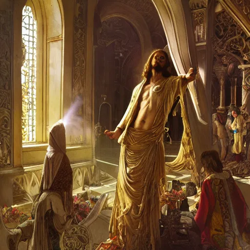 Image similar to a detailed picture of jesus cleansing the temple, thrown tables, scattered gold coins, fleeing merchants, fantasy, intricate, elegant, highly detailed, digital painting, artstation, matte, sharp focus, illustration, art by john collier and albert aublet and krenz cushart and artem demura and alphonse mucha