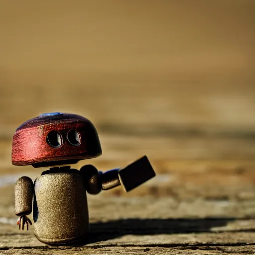 Prompt: a tiny wooden robot has fallen in love with an acorn, octane, tilt shift