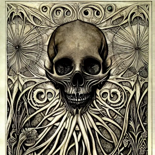 Image similar to memento mori by arthur rackham, art forms of nature by ernst haeckel, exquisitely detailed, art nouveau, gothic, ornately carved beautiful skull dominant, intricately carved antique bone, art nouveau botanicals, ornamental bone carvings, art forms of nature by ernst haeckel, horizontal symmetry, arthur rackham, ernst haeckel, symbolist, visionary