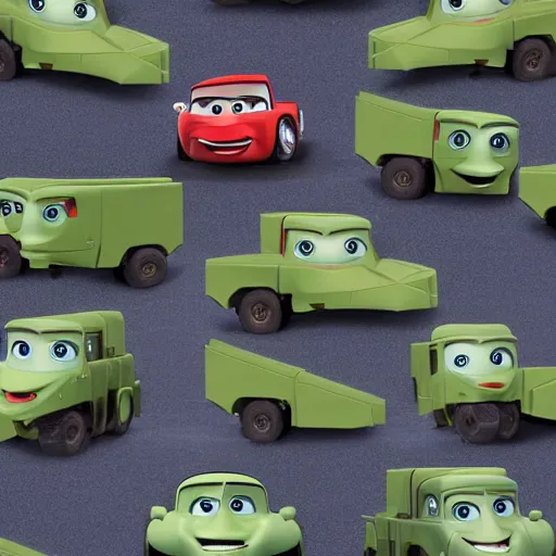 Image similar to HIMARS, Cars Pixar movie style, detailed, green