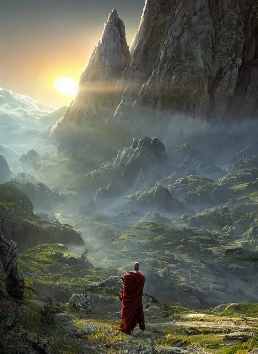 Image similar to a cosmic monk in lord of the rings scenery landscape, looking out at a gigantic temple made of alien architecture, lush valley, sunrise, god's rays, highly detailed, vivid color, cinematic lighting, perfect composition, 8 k, gustave dore, derek zabrocki, greg rutkowski, belsinski, octane render