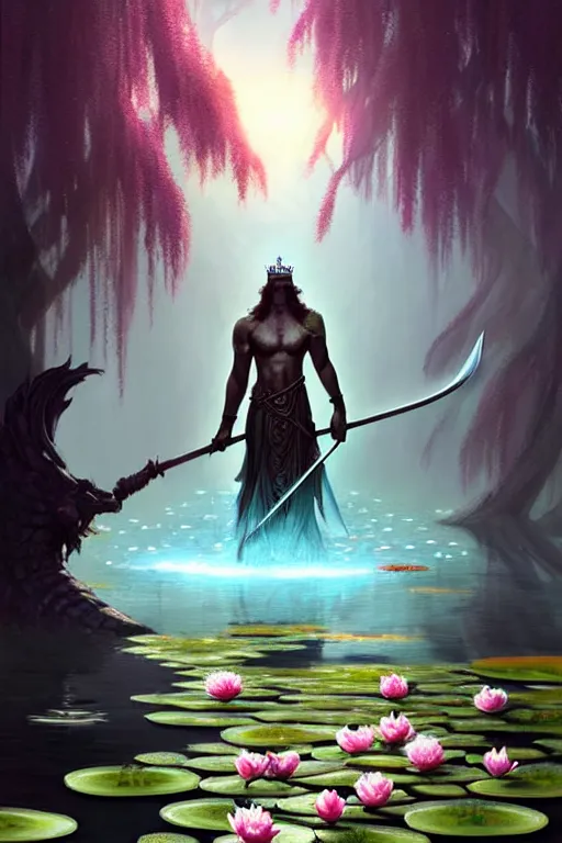 Image similar to king arthor pulling Excalibur out of the fairy lily pad pond with a weeping willow peonies, strong silhouette, Minimal Movie Posters, fantasy magic, art masterpiece by Greg Rutkowski, Gaston Bussiere, craig mullins, #wip #illustration #illustradraw #illustrator #vector #colors #colorschemes