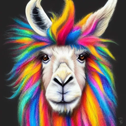 Prompt: portrait of a cute fluffy llama with long colorful flowing lion mane with mohawk hairstyle hybrid animal detailed painting 4 k