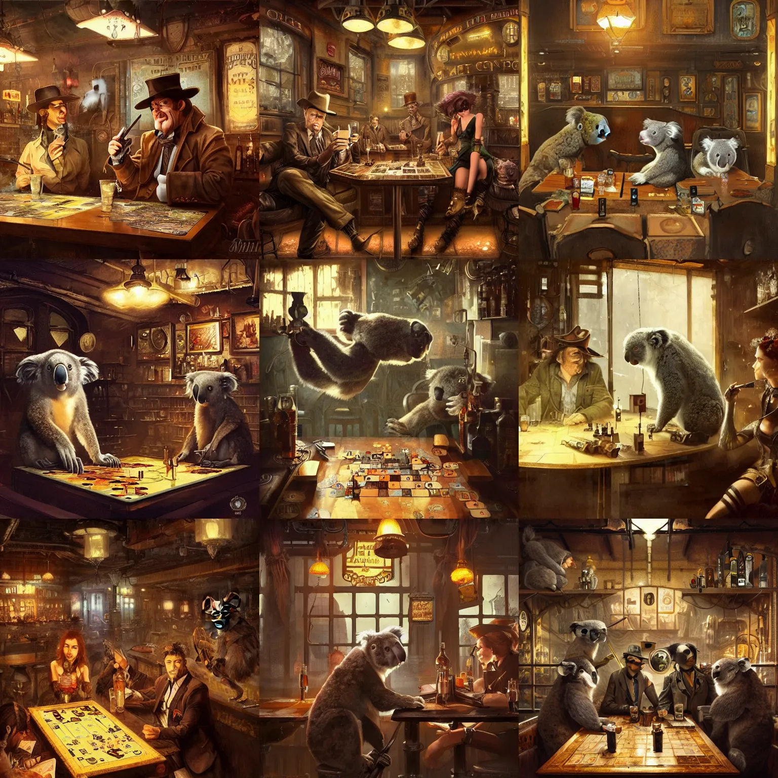 Prompt: koalas in the interior of a steampunk pub, Greg Rutkowski, Milo Manara, night time, smoking cigarettes, playing board games, highly detailed, Quentin Tarantino movie posters, pulp fiction, level design, concept art, artstation, cgsociety, zenith view