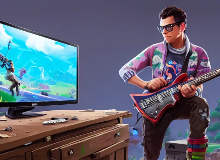 Image similar to rivers cuomo playing fortnite, 8k, no gold, no gold colours, art by Akihiko Yoshida, Greg Rutkowski