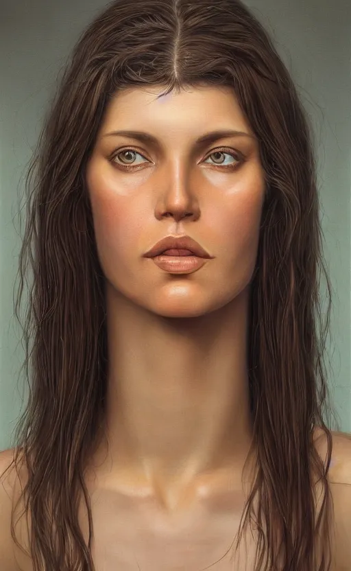 Image similar to a portrait of a beautiful thin fit girl with long straight dark brown hair light brown eyes and a round face, by laurie lipton, by karol bak, 8 k resolution, rendered in octane, zbrush, realistic shadows, volumetric lighting, backlit