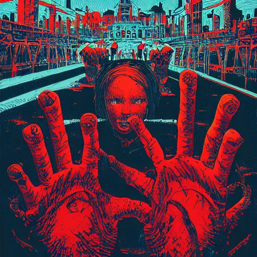 Image similar to a child with bloody red hands standing in ruins by Dan Mumford