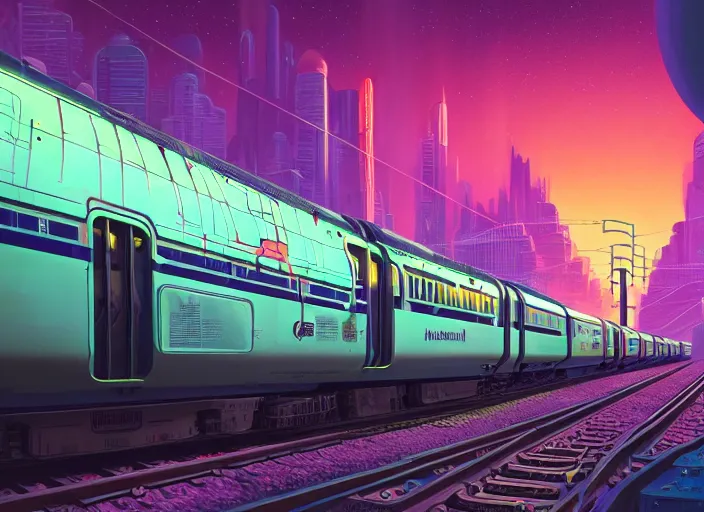 Image similar to a luminescent cyberpunk train by paolo eleuteri serpieri and tomer hanuka and chesley bonestell and daniel merriam and tomokazu matsuyama, unreal engine, high resolution render, featured on artstation, octane, 8 k, highly intricate details, vivid colors, vector illustration
