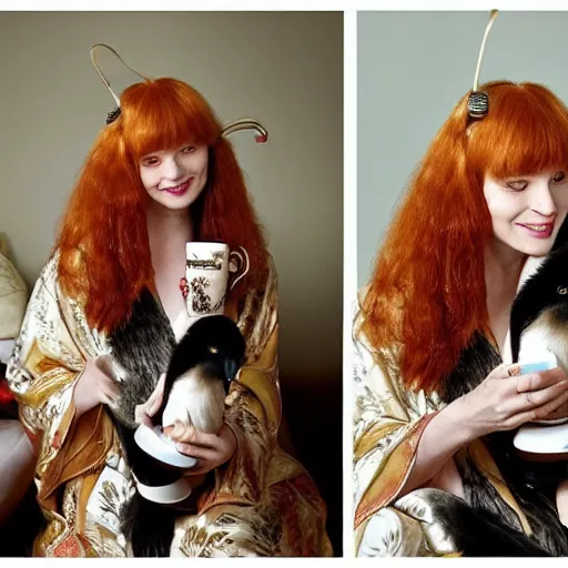 Image similar to a stunning hyper-detailed closeup portrait photo of a slender beautiful smiling woman with long ginger hair and bangs, wearing a luxurious silk robe, wearing headphones and posing with her large ginger tabby cat and her raccoon and parrots in an overstuffed easy chair in her sunlit victorian living room, holding a porcelain parrot-shaped coffee mug and a donut, perfect eyes, fashion photography, octane render, unreal engine, 85 mm lens,