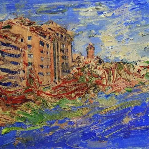 Image similar to oil paint impasto relief, beautiful italian beach scene, multi layered thick brush marks, some splattered paint, in the style of monet and frank auerbach