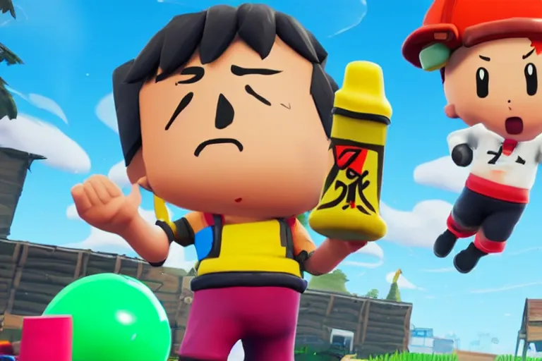 Prompt: a screenshot of a player with a crayon shin - chan skin in fortnite ( 2 0 1 7 ), crayon shin - chan public event in fortnite