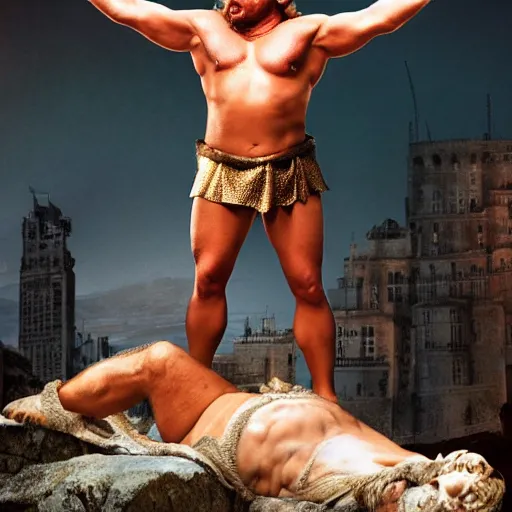 Image similar to UHD candid photo of Alex Jones as Hercules, standing on the head of Klaus Schwab's corpse, accurate face, UHD, photorealistic, correct face, photo by Annie Leibowitz