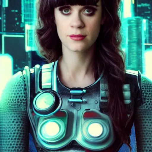 Prompt: studio photo of cyberpunk cyborg zooey deschanel