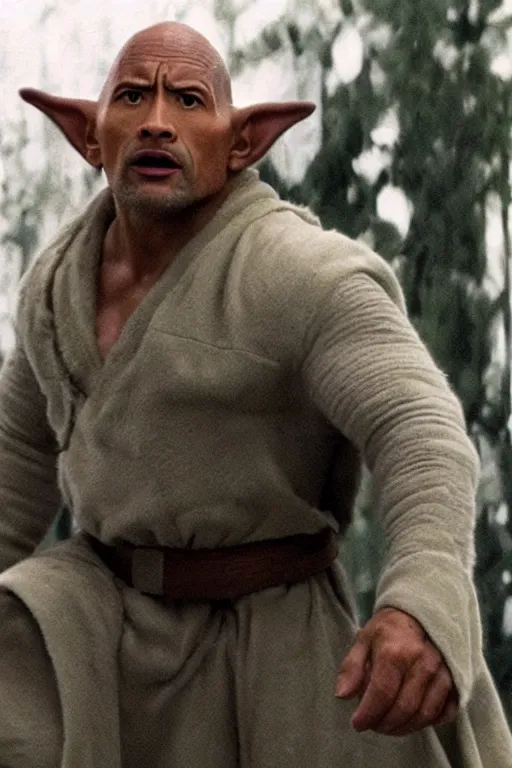 Image similar to Dwayne Johnson dressed as yoda