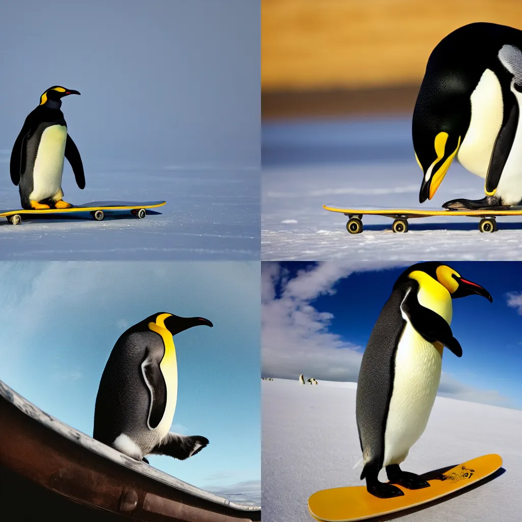 Prompt: emperor penguin riding a skateboard, high detail photo, award winning photo, fisheye lens, beautiful nature photography