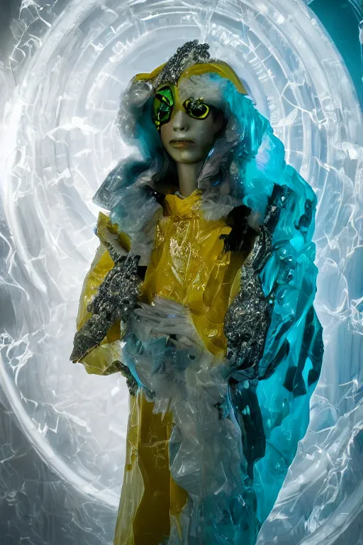 Image similar to photo of fullbody rococo and cyberpunk delicate neon crystalline sculpture of seductive muscular onyx albino marble prince camilo echeverry teal iridescent humanoid deity wearing yellow plastic hooded cloak holding an onyx skull in a onyx space dungeon, reclining, glowing yellow face, crown of white diamonds, cinematic lighting, photorealistic, octane render 8 k depth of field 3 d