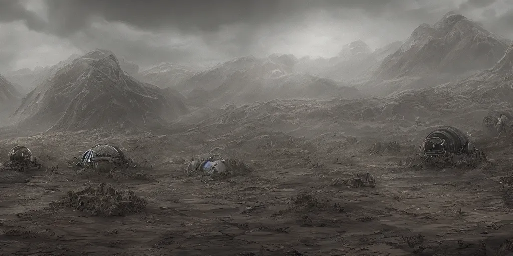 Image similar to underground climate shelters in the middle of a desolate field by jorge jacinto, death stranding art style, intricate, high detail, digital painting, ultra realistic, cinematic lighting, wide angle cinematography, artstation, 3 5 mm film grain