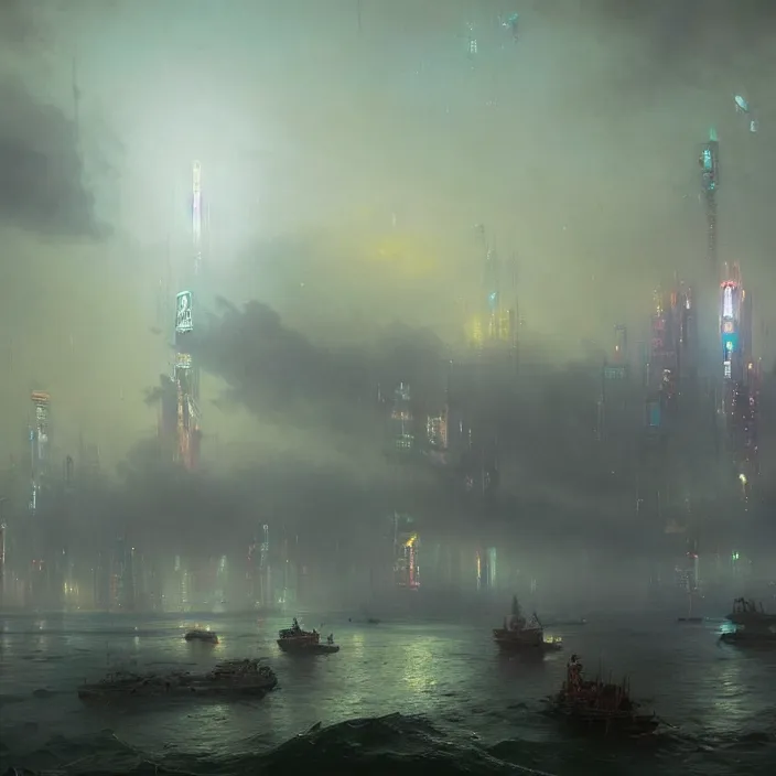 Image similar to a beautiful painting of a cyberpunk city on the sea by ivan aivazovsky and greg rutkowski and james gurney and frank lloyd and sung choi, in style of digital art illustration. hyper detailed, sharp focus, soft light. unreal engine 5 lumen. ray tracing. trending on artstation.