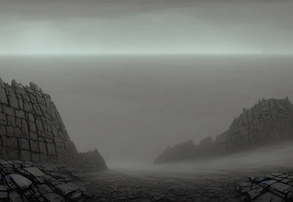 Image similar to The landscape of a gray wasteland with gray dry land, enclosed in incredibly gigantic enormous smoothed stone walls. The walls are so far apart that they disappear over the horizon. Art by Finnian MacManus, Simon Stalenhag, Arthur Rackham. Fog, masterpiece, fantasy art, cinematic, hyperdetailed, photorealistic, hyperrealism, octane rendering, 8k, aerial view