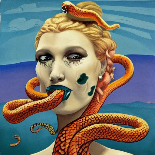 Prompt: a painting of a woman with a snake on her head, an album cover by richard mortensen, tumblr, transgressive art, grotesque, freakshow, strange